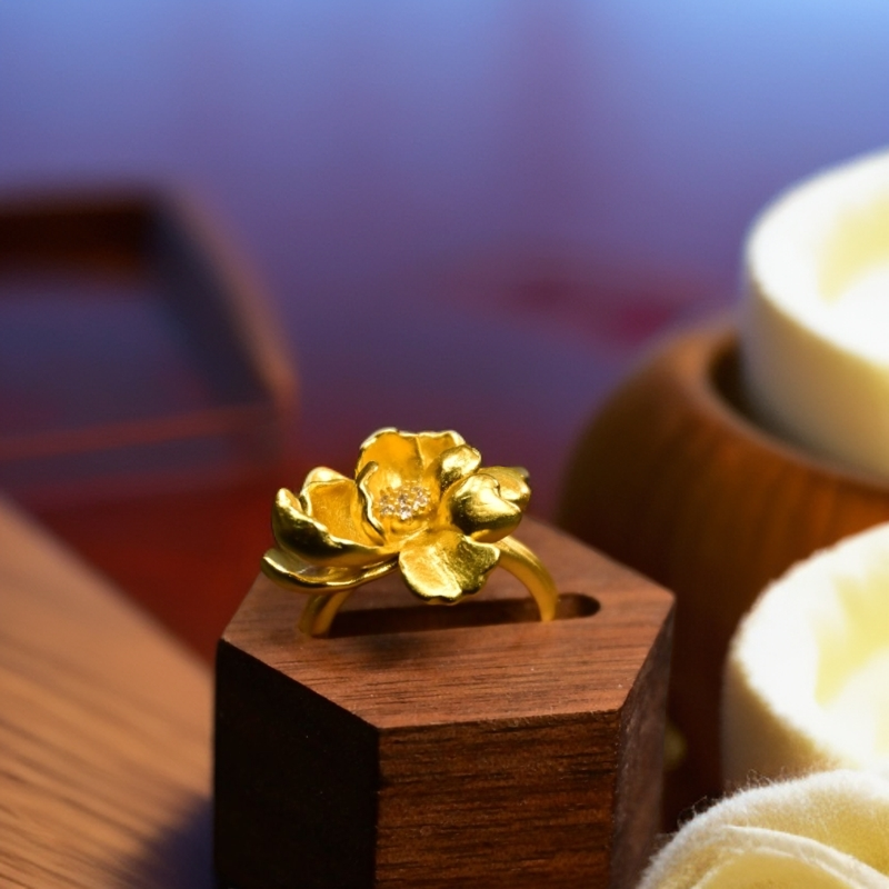 铜合金戒指 牡丹金色花开富贵戒指
