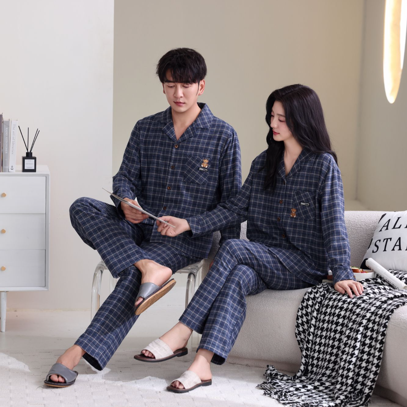春秋情侣格纹睡衣 长袖开衫针织小熊纯棉居家服套装