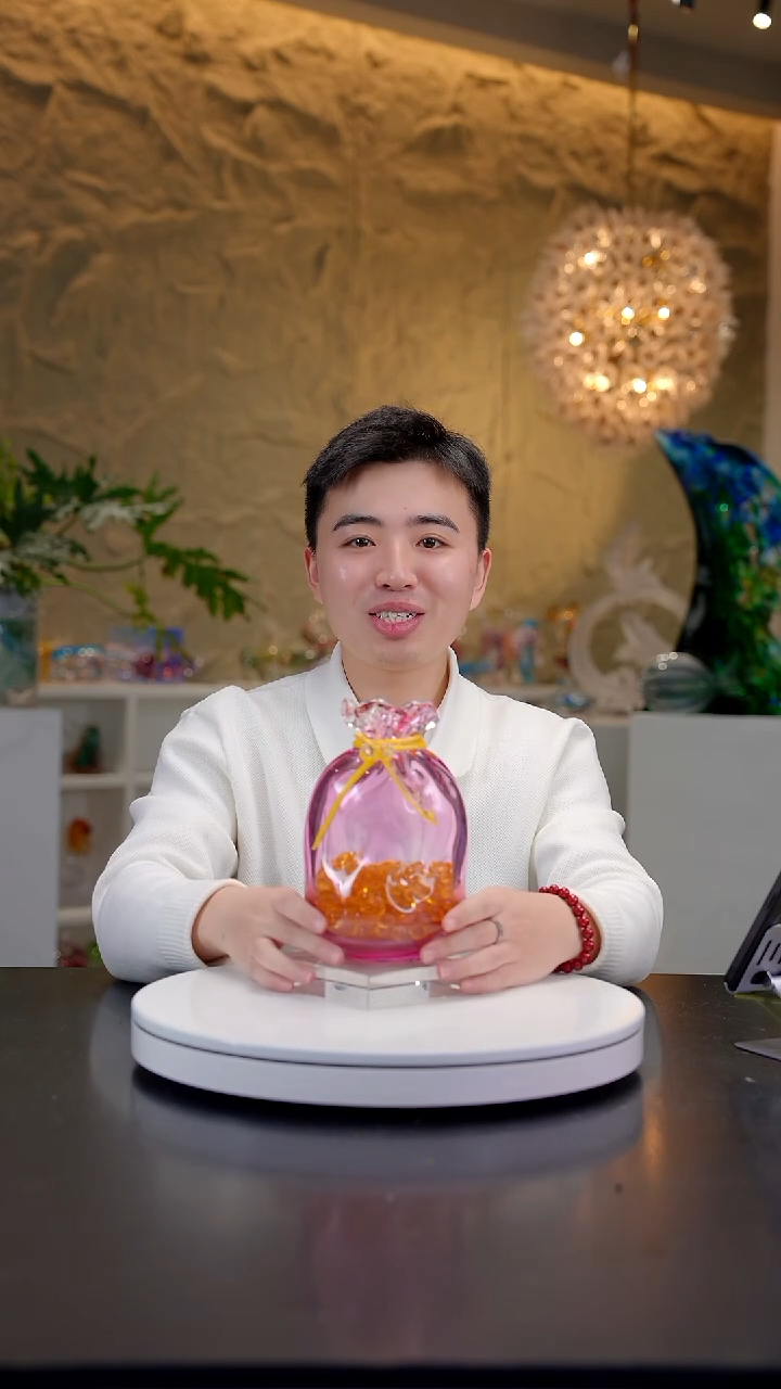 手工艺品琉璃金红色钱袋子摆件+底座