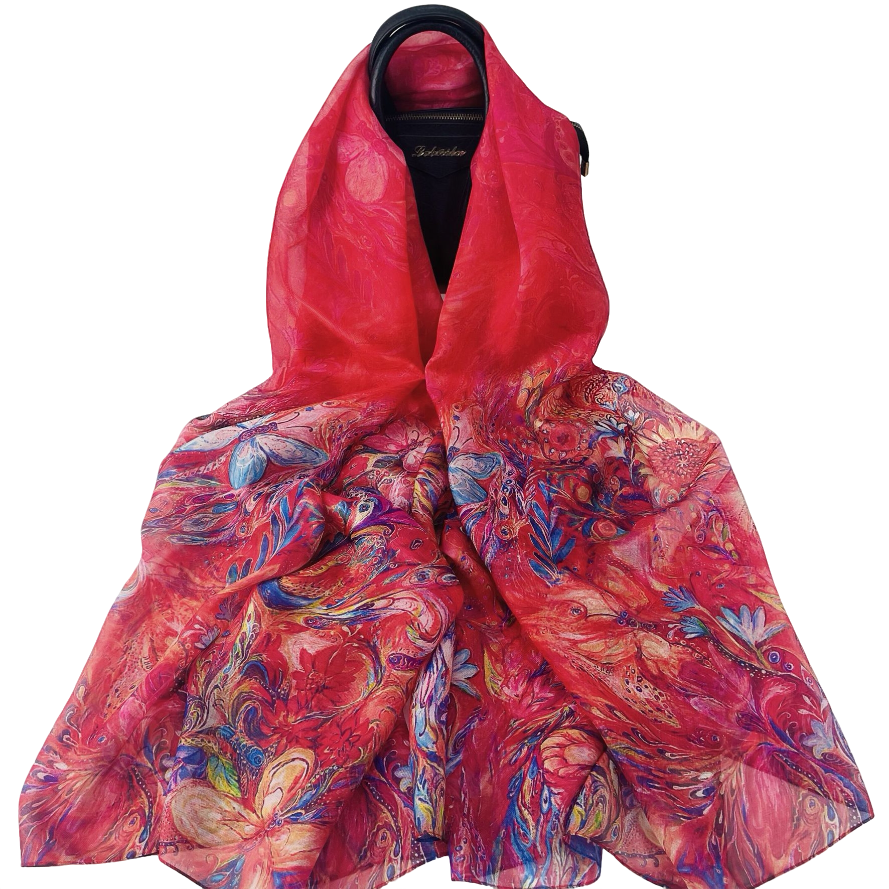 【红福满堂】红色100桑蚕丝长巾螺纹绘画工艺轻薄桑蚕丝长巾礼品