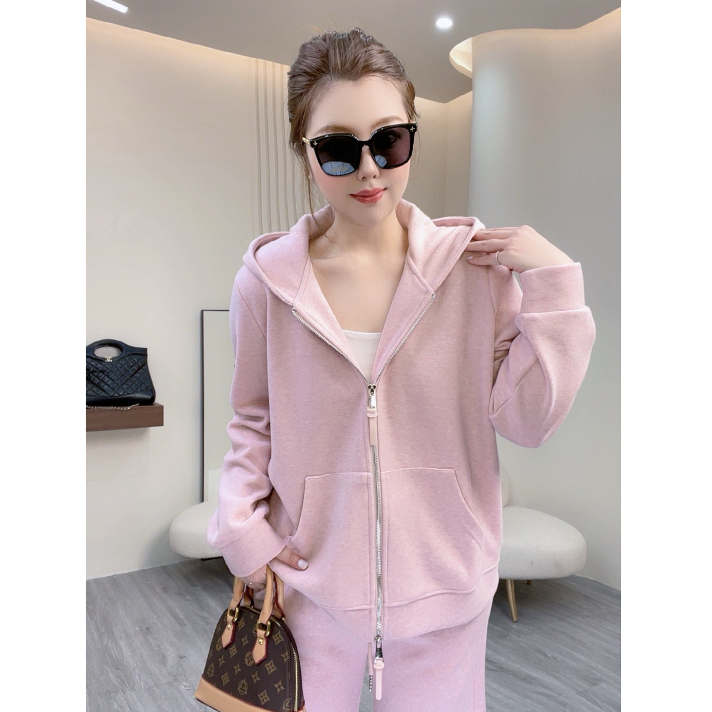 春季新款运动连帽两件套休闲卫衣套装大码女装