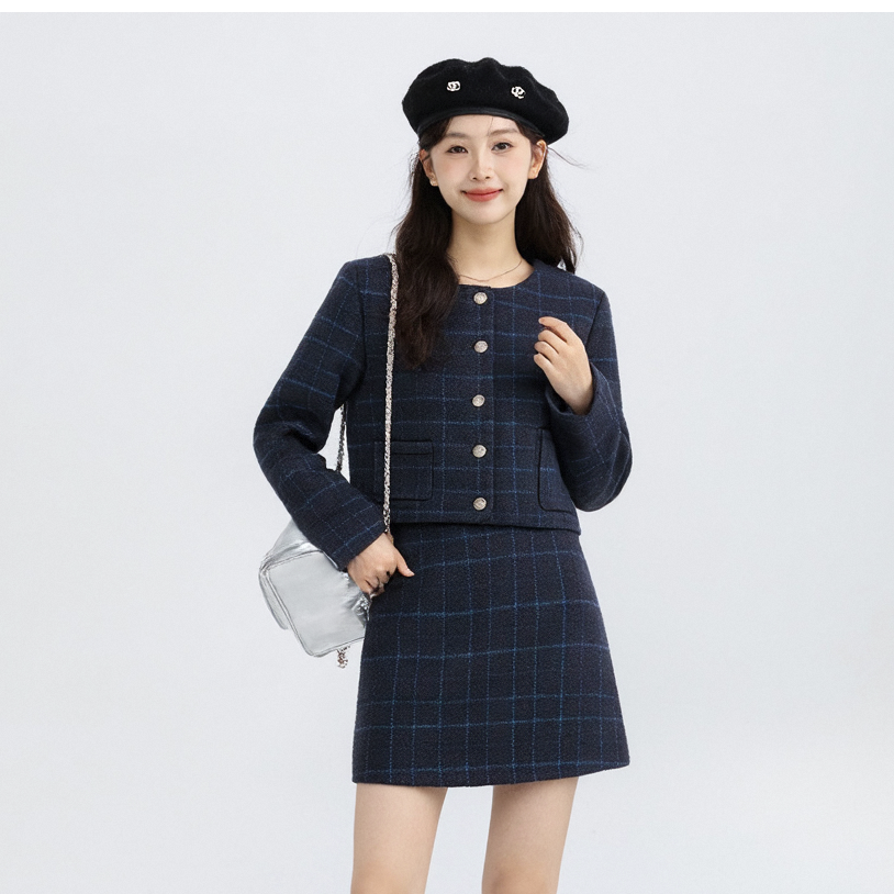 奢姿大码女装冬季新款显瘦时尚小香风复古格纹毛呢外套百褶裙套装