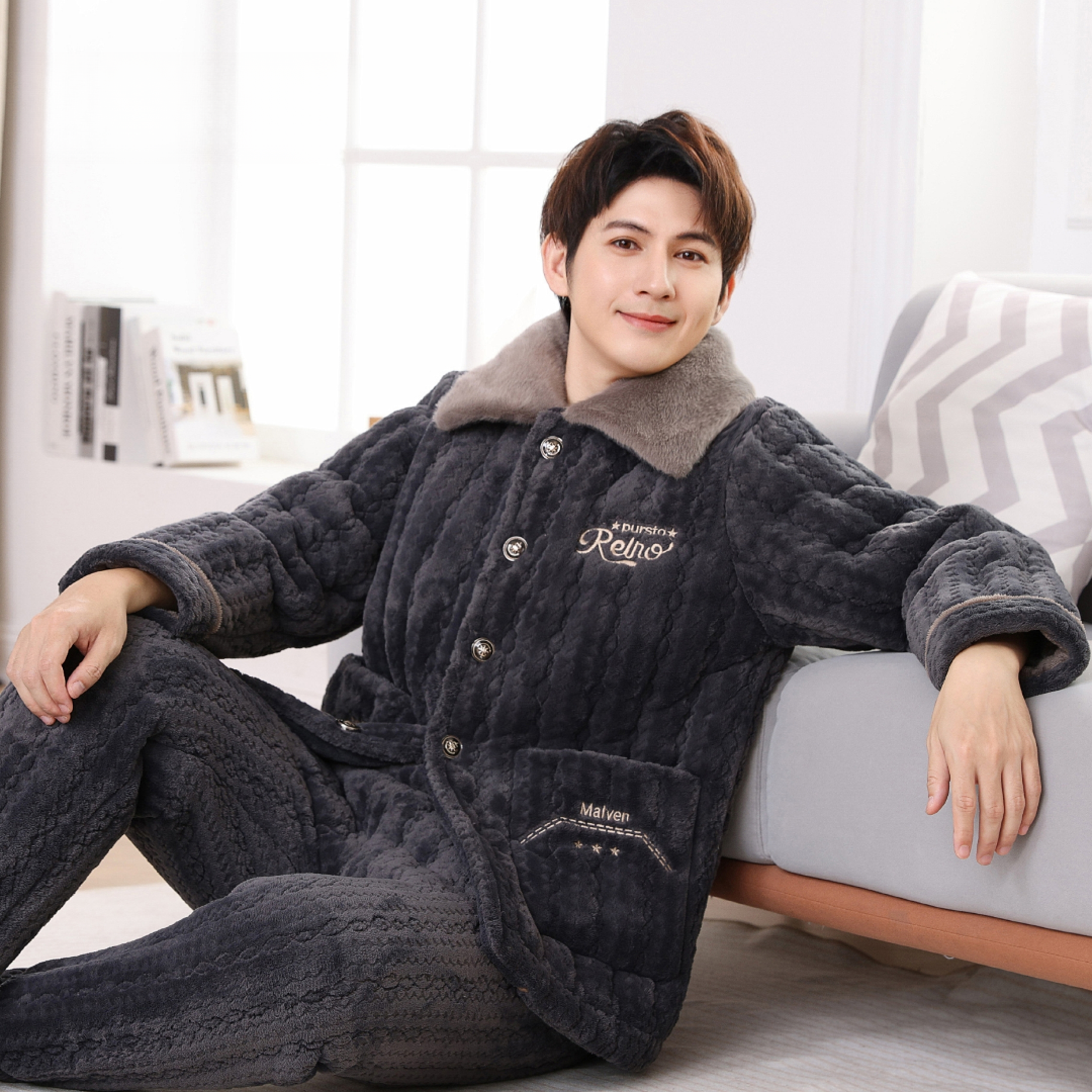 【A136冬季加大新款特厚睡衣】男士冬季加绒加厚睡衣家居服可外穿