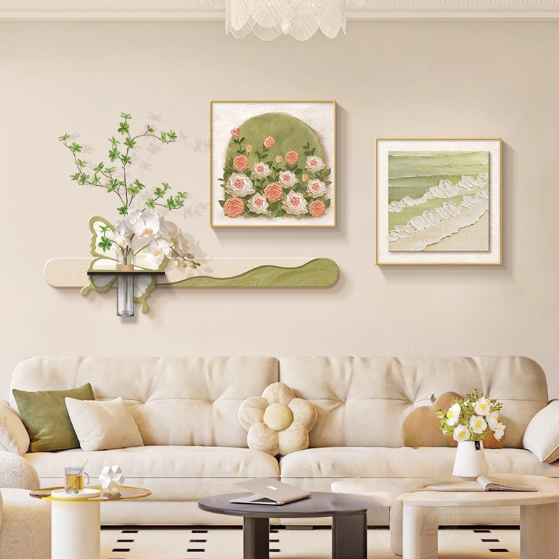 法式奶油风客厅装饰画立体水培绿植沙发背景墙挂画玫瑰花玄关壁画