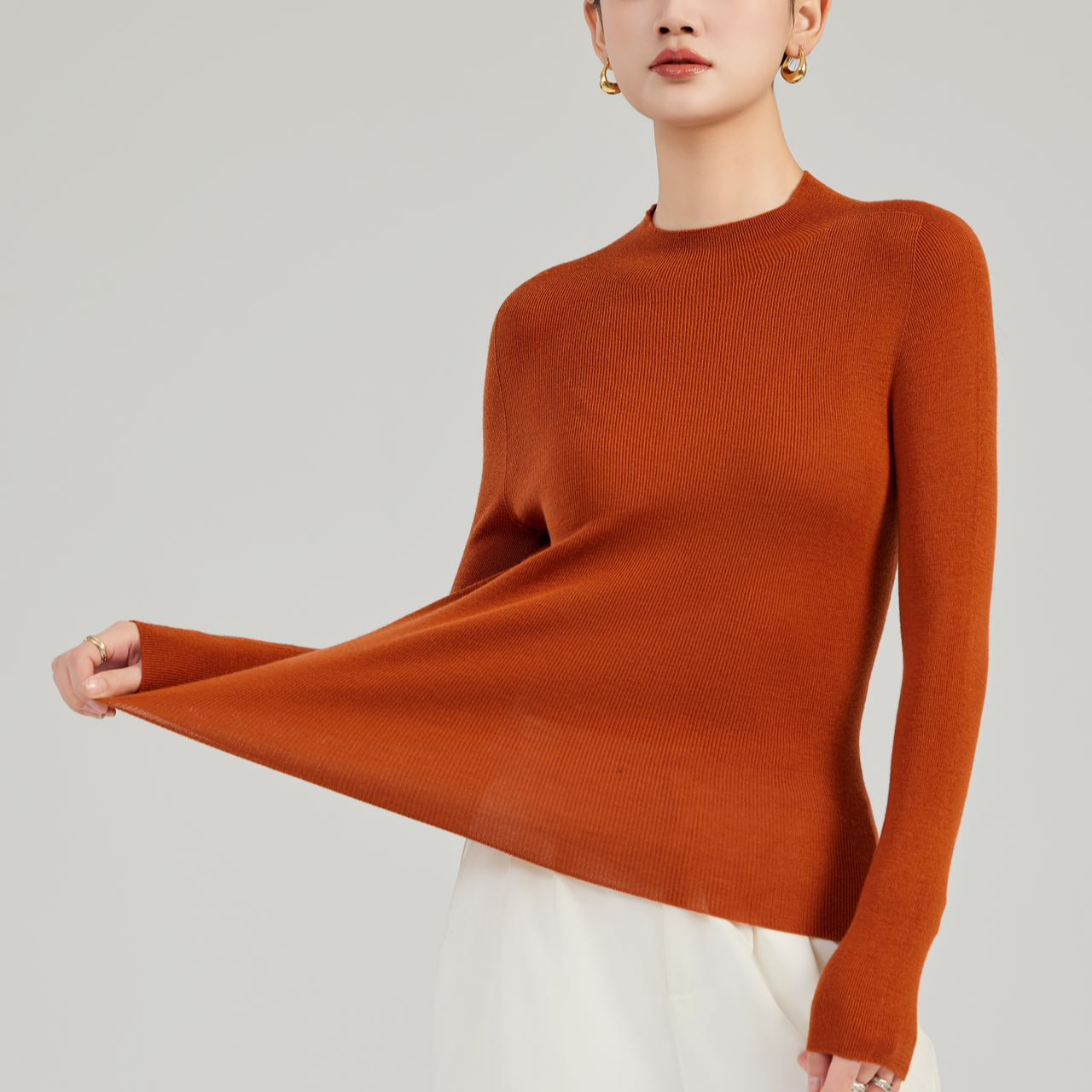 濮天女装羊毛衫半高领针织落肩袖衫短款内搭常规纯色修身型8901