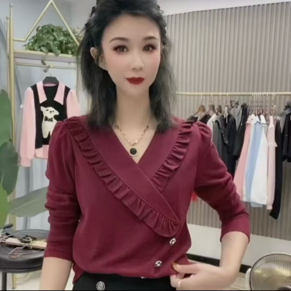 2025秋季新款长袖领荷叶边小衫洋气减龄显瘦上衣