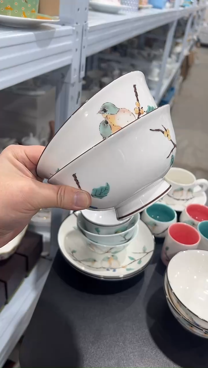 杯子骨瓷（简装）6.3寸小鸟高脚碗两个