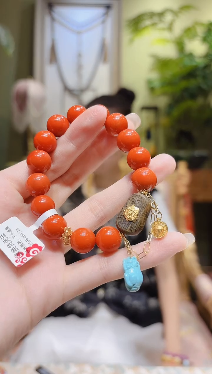 【闪购商品】南红玛瑙手串18K金镶嵌绿松貔貅提溜链条南红手串
