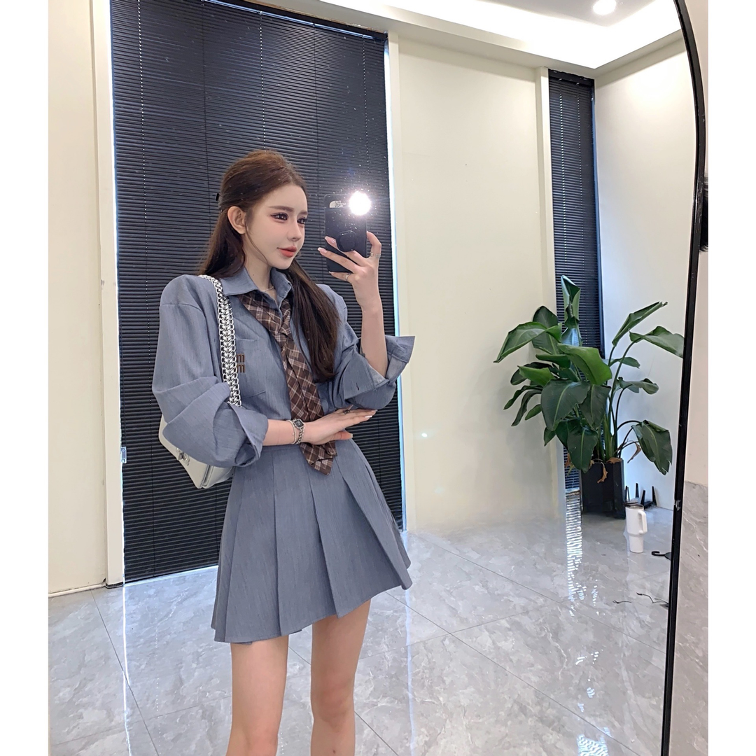 韩系穿搭一整套套装女春秋学院风Polo领长袖衬衫百褶半身裙两件套