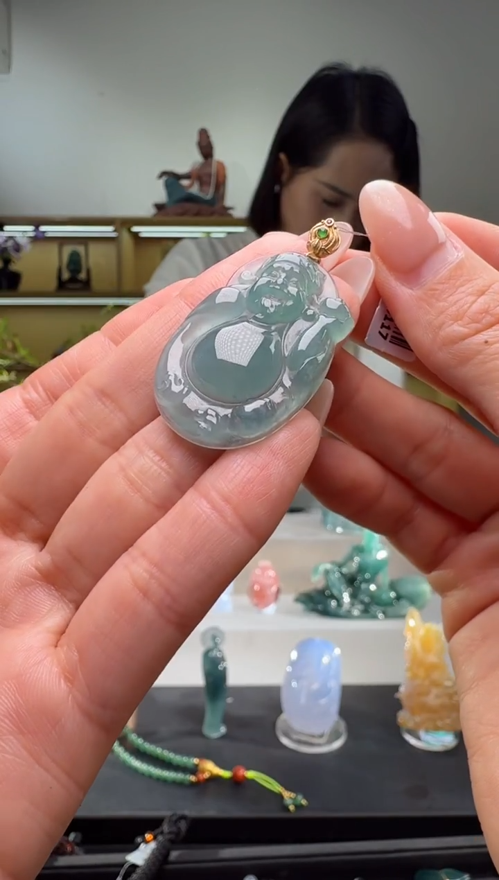 吊坠(不含链)18K金镶嵌翡翠财神