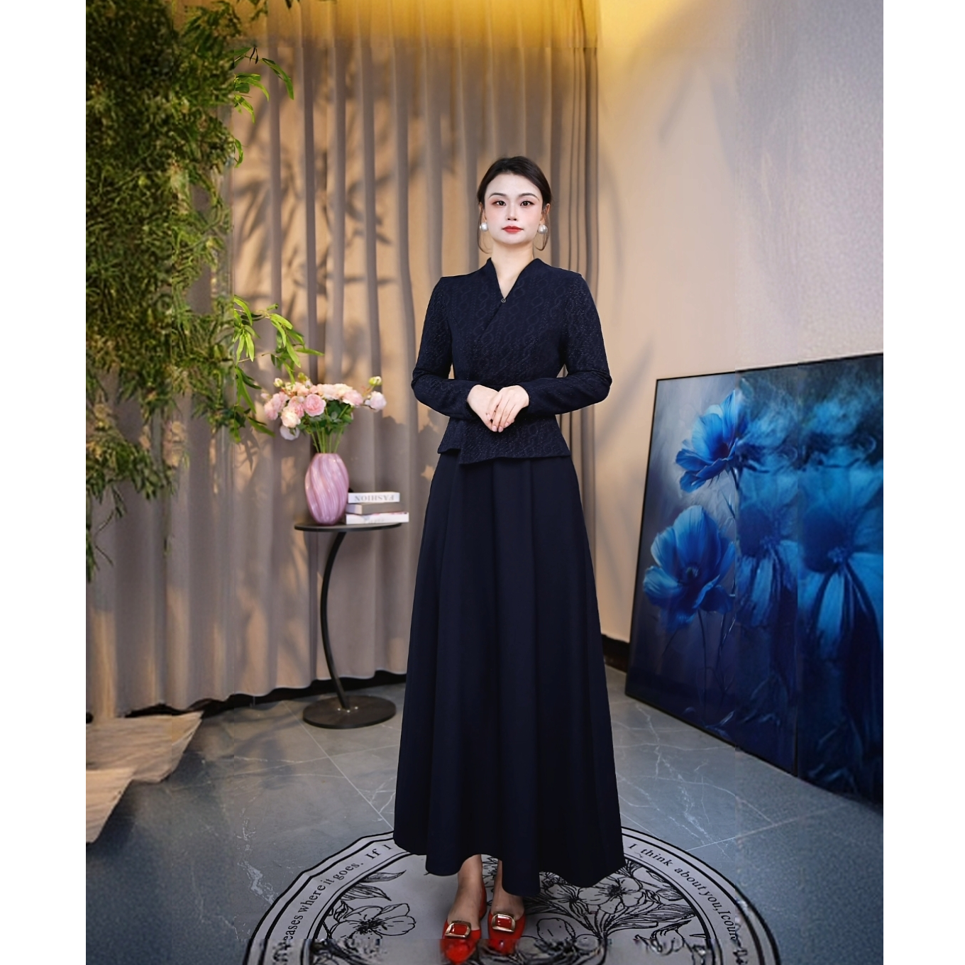 2025修身显瘦气质喜妈妈日常可穿大摆裙长裙藏蓝色Q026-601