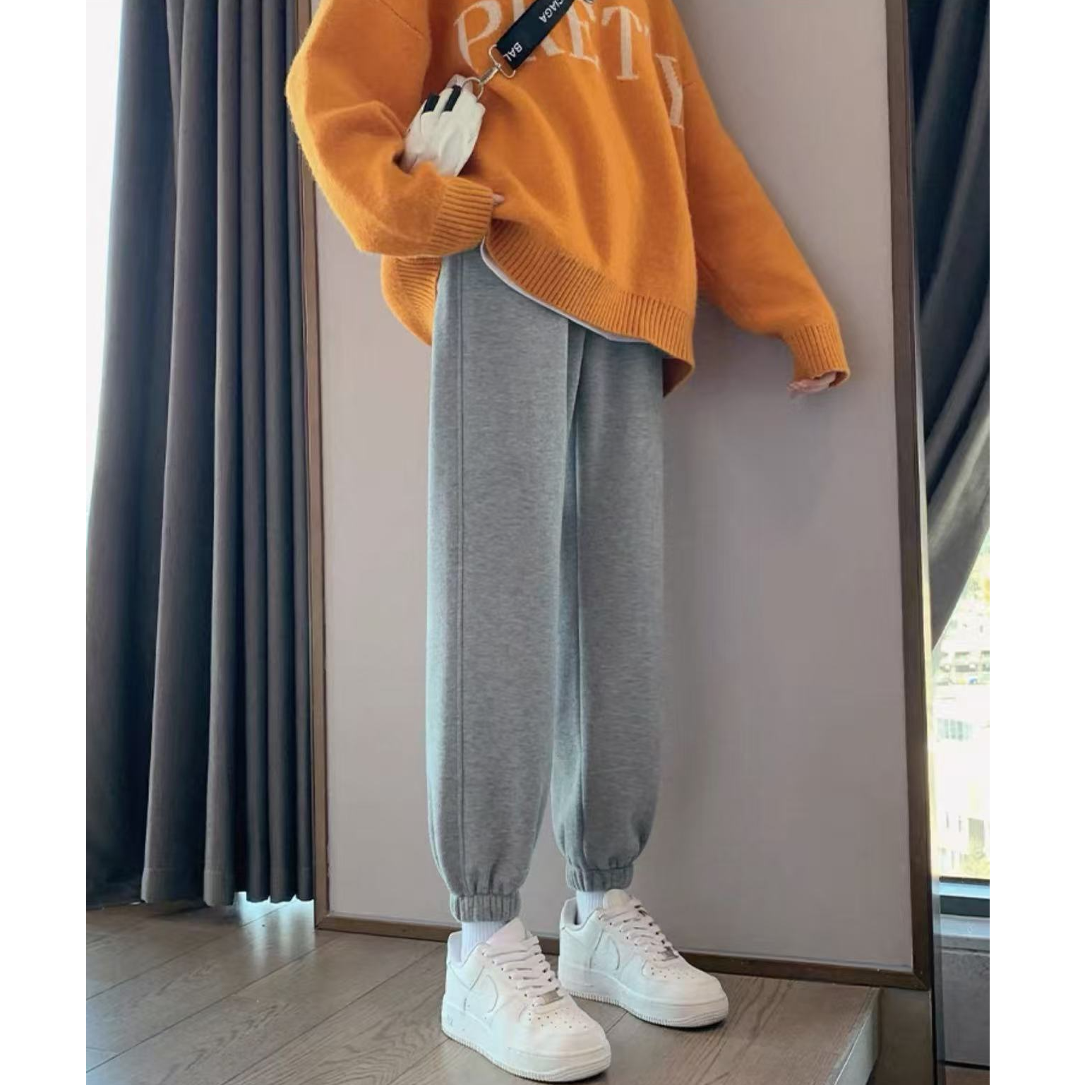 9268-（内羔绒）（彩虹标）束脚运动防风卫裤（浅灰）