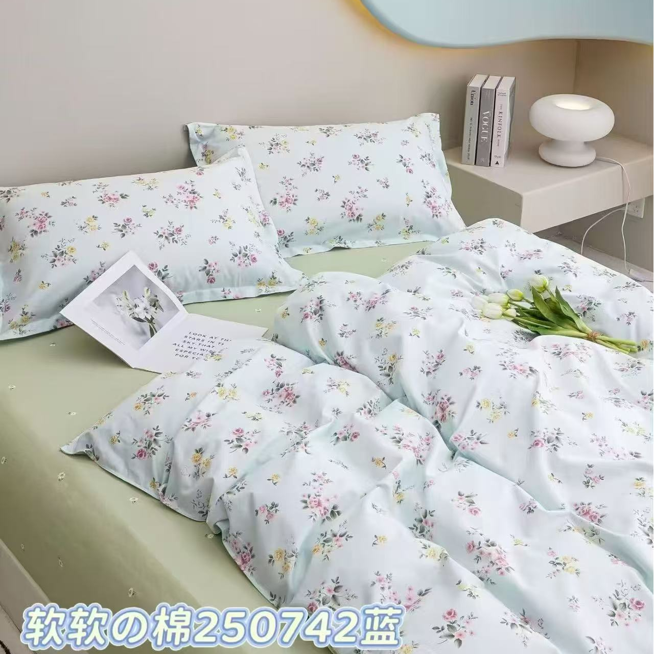 【精工印花双人被套】加厚牛奶绒秋冬保暖款加绒被套-小碎花蓝