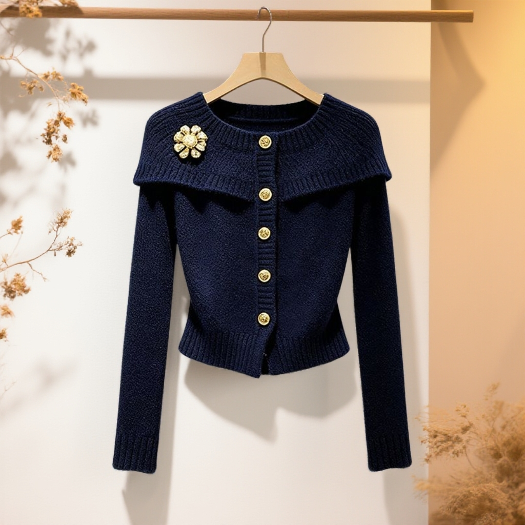 3203藏蓝色斗篷针织上衣女秋冬高端巨好看独特漂亮气质小香风毛衣