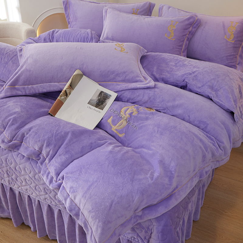 圣罗兰】加厚全削光牛奶绒夹棉床裙四件套有机氧绒床盖款四件套 