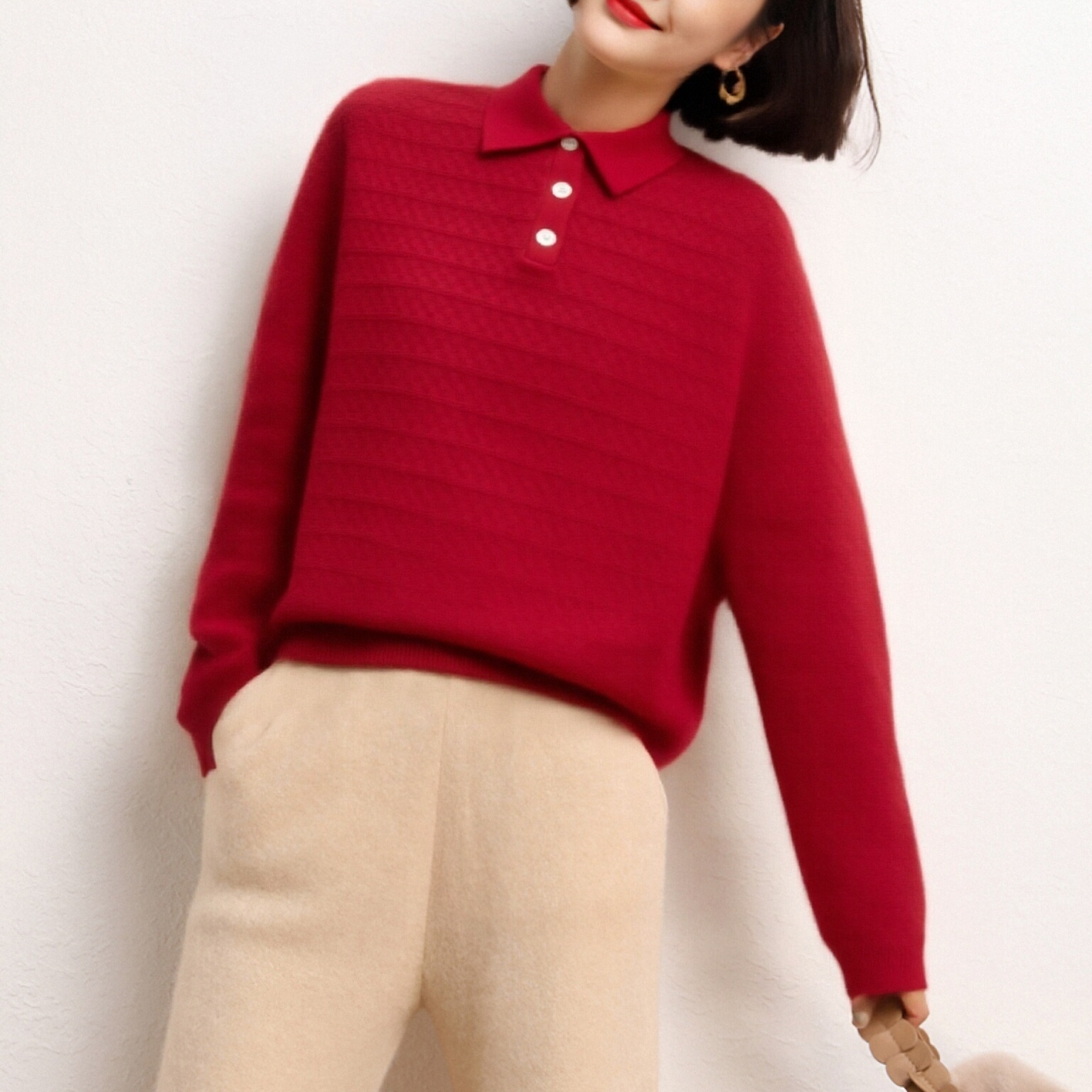 【欧诗莲】秋冬厚款100山羊绒女士Polo领简约针织衫B235