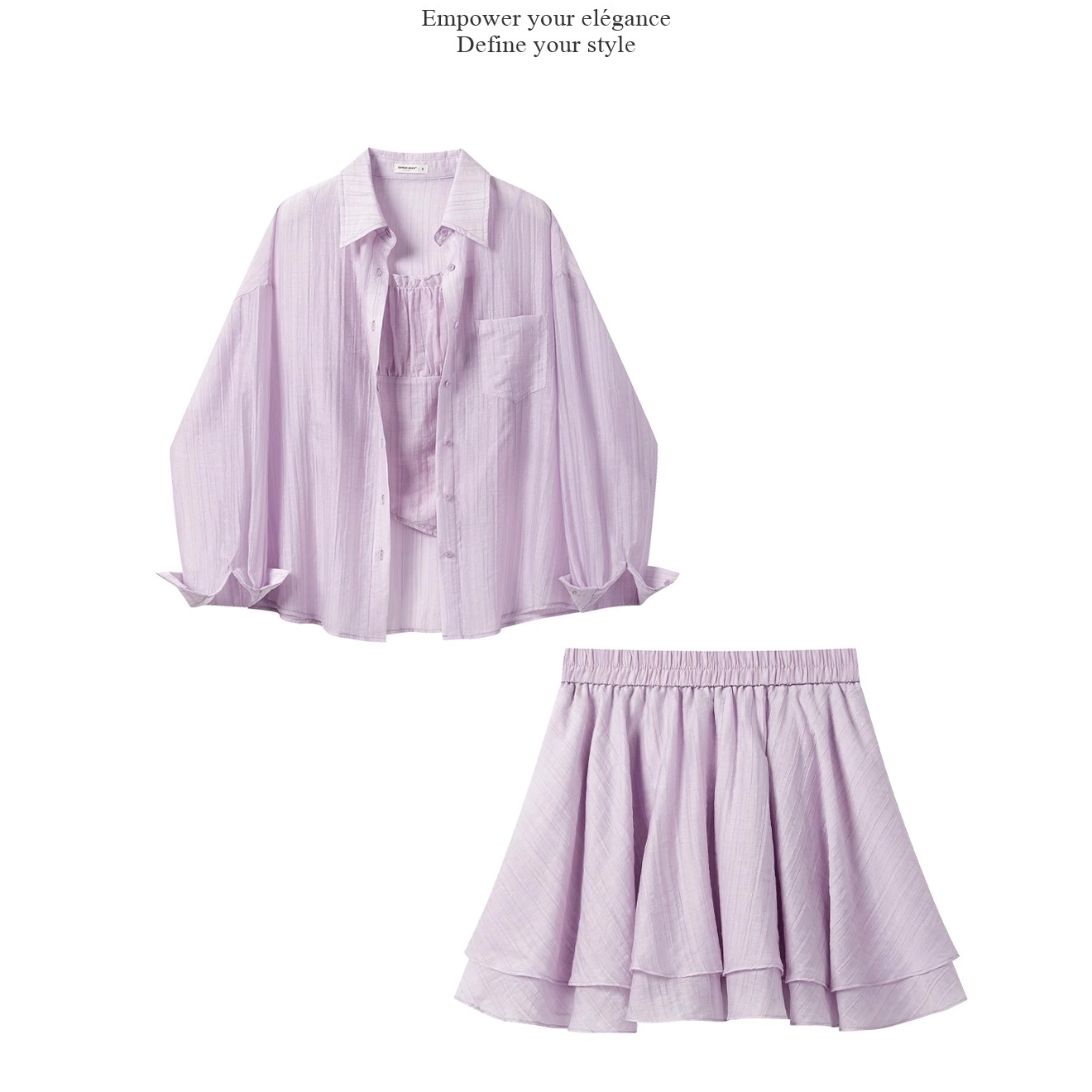 【三件套】粉紫色休闲吊带背心衬衫套装宽松显瘦裙三件套Y50550312