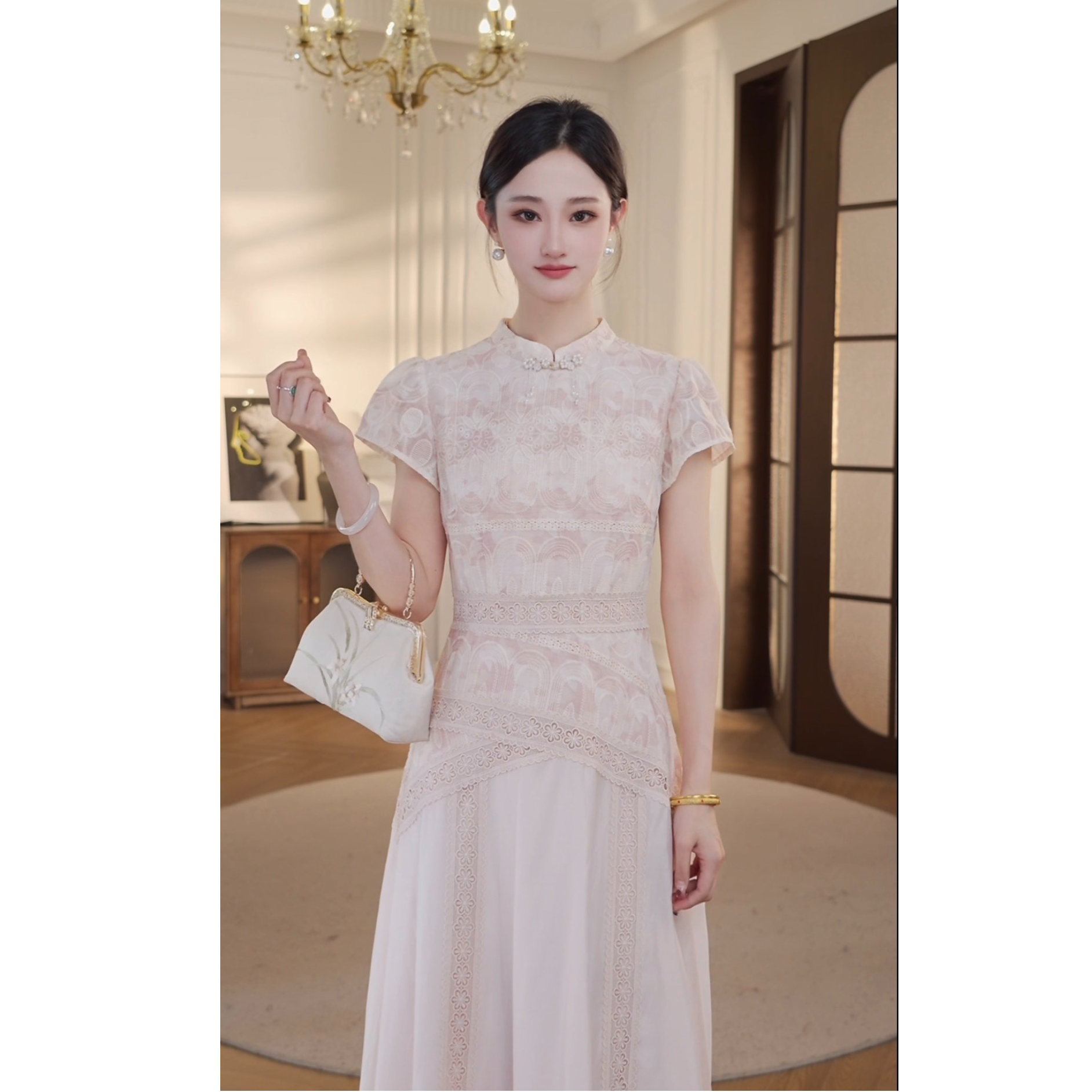 【双双&GERTCOREL】清晏 夏季少女新中式蕾丝显瘦连衣裙 GC252L1044