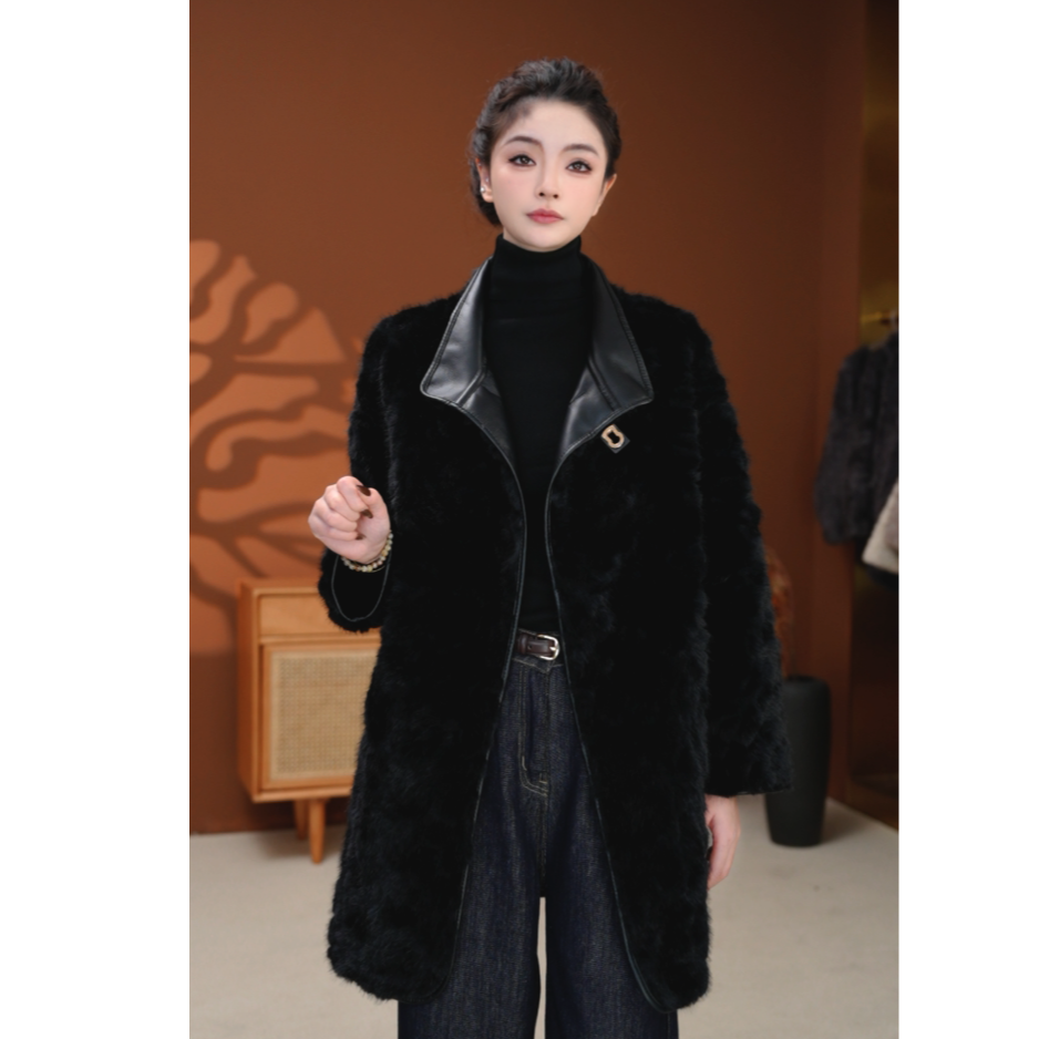 【爽儿】2025高奢黑天鹅双面双穿新款毛毛外套中长款大衣