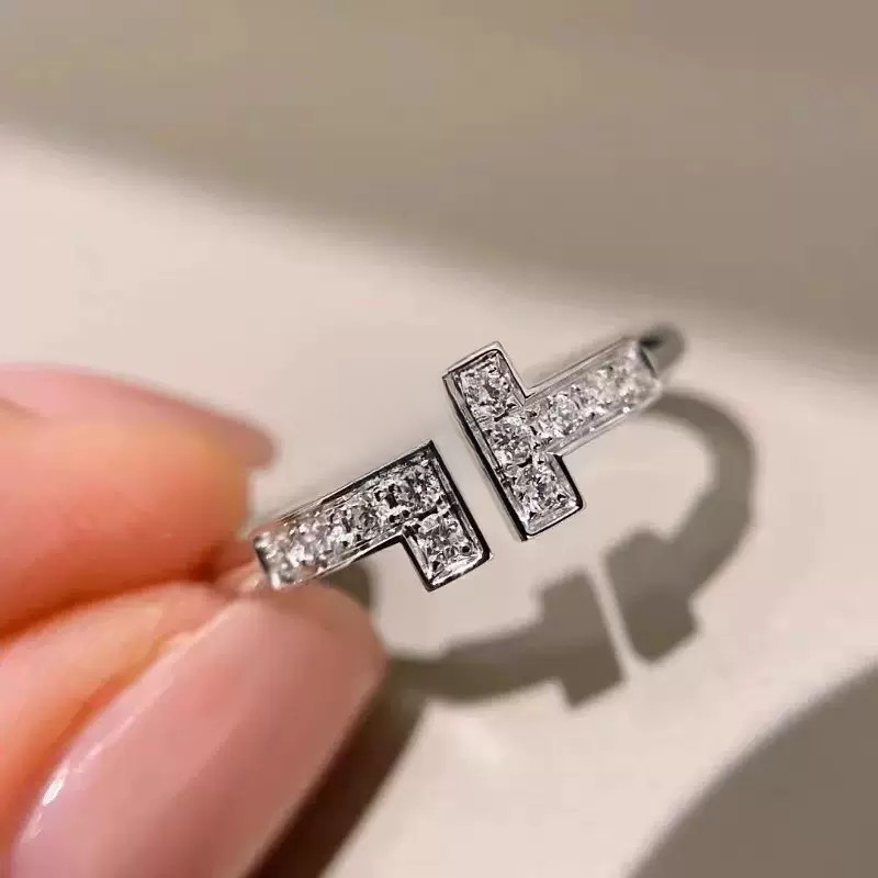 铜合金合成锆石戒指 T家双t戒指开口满钻J00333