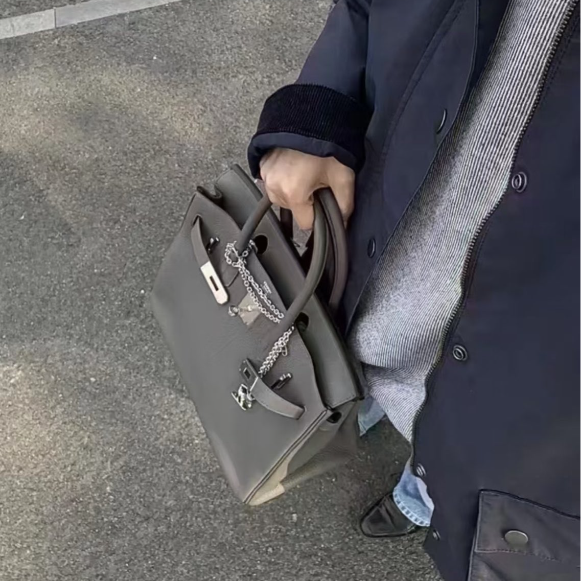 95新 Hermes/爱马仕 小花Jerry Birkin 30 锡器灰 手提包