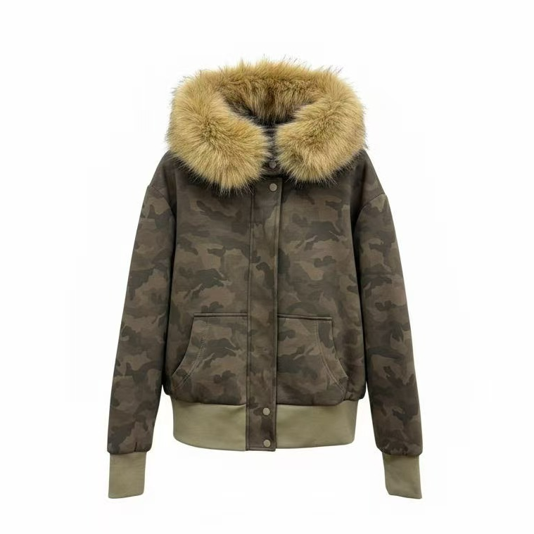 NICE圈圈/时髦迷彩棉服复古大毛领收腰辣妹棉服外套A9570