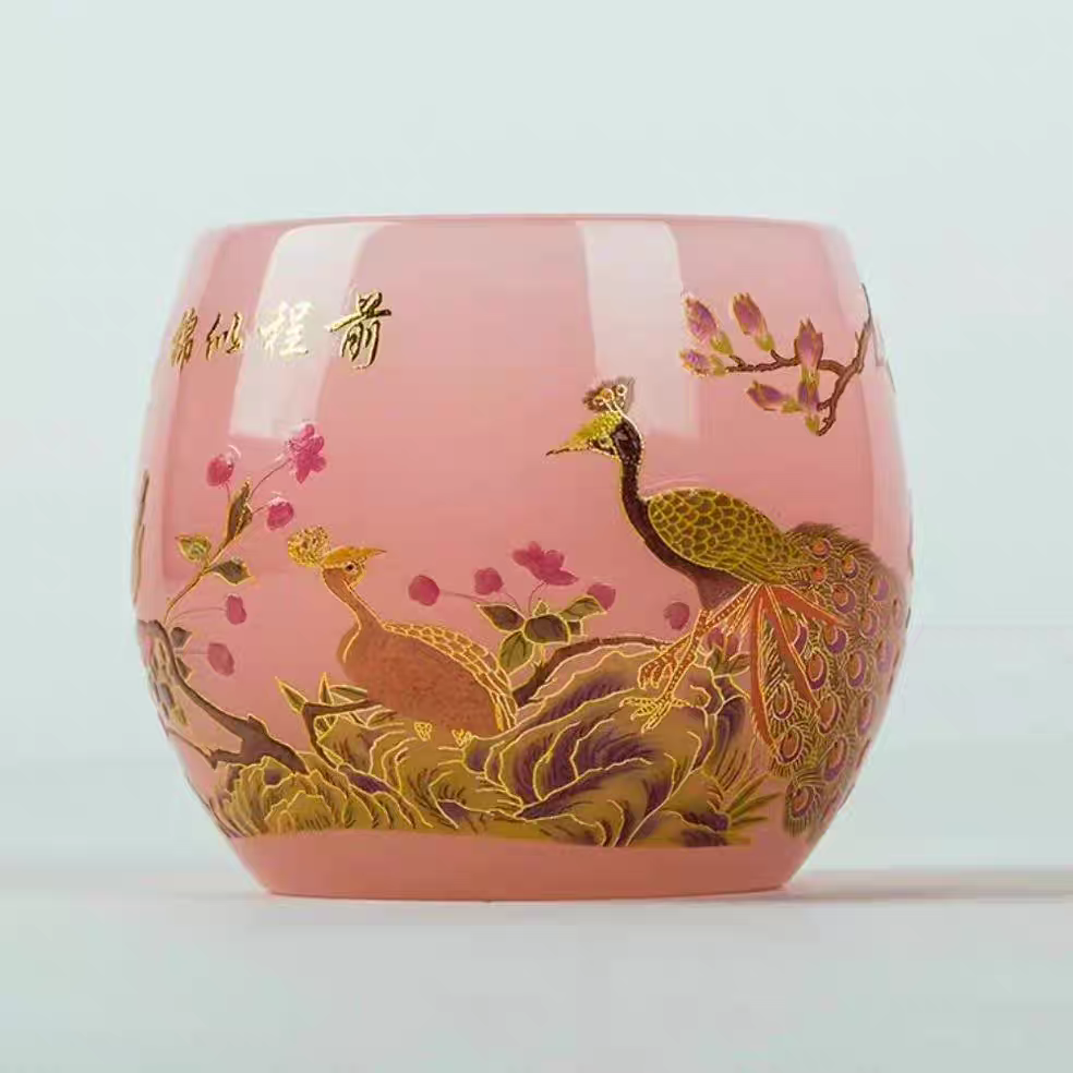 粉琉璃【前程似锦】孔雀琉璃茶杯-B-0019