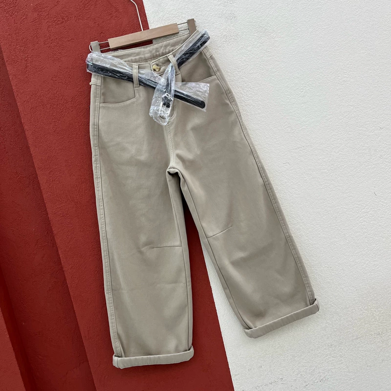 冬季加绒加厚复古高腰宽松显瘦百搭弯刀直筒九分牛仔裤女