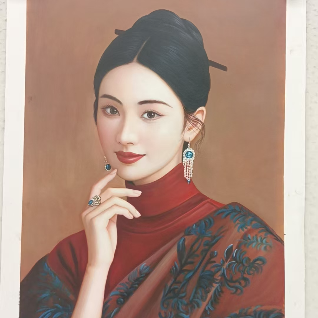 林彦新 ***都市丽人-蓝耳环-约60*90厘米-手绘油画-麻布