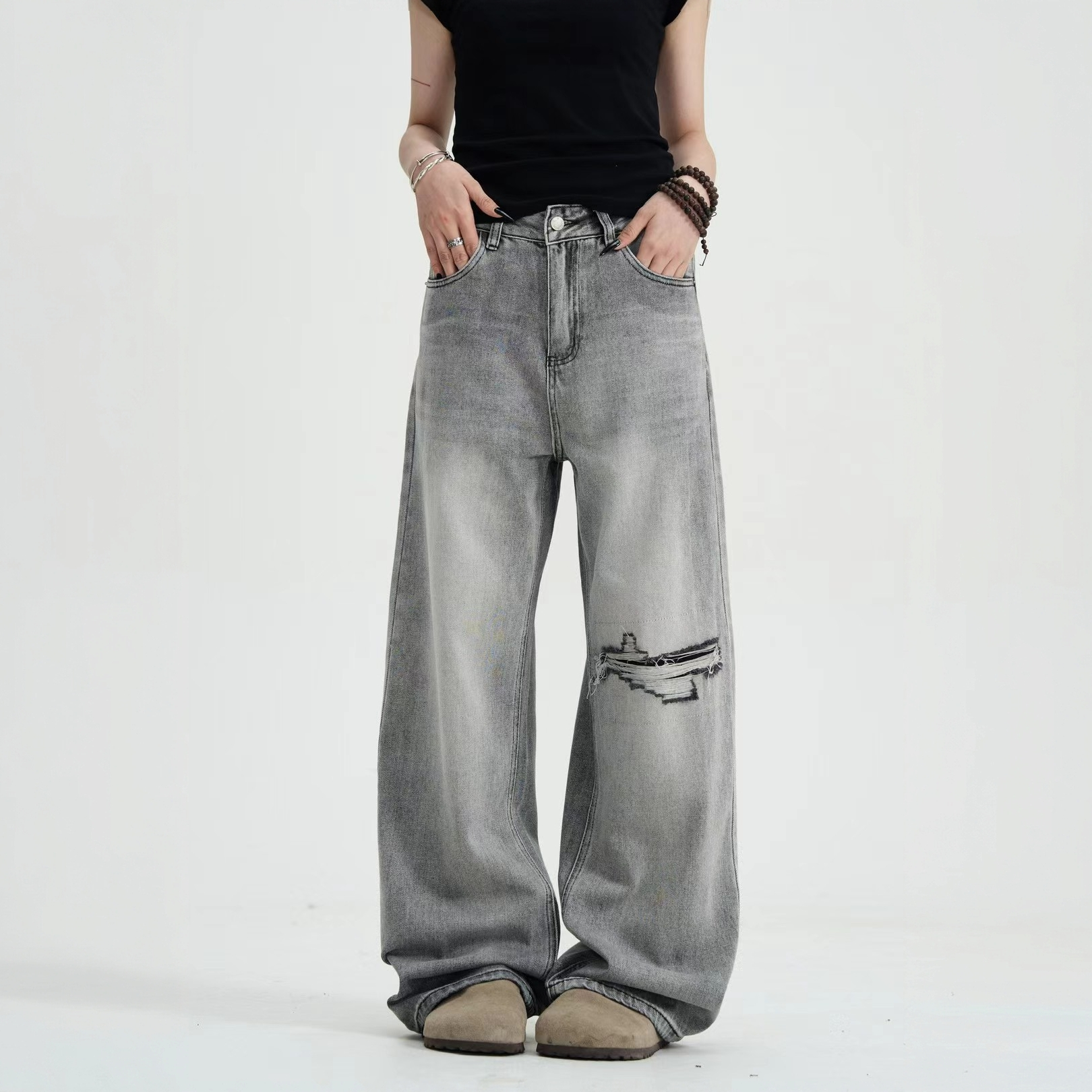 bobo姐 男士美式休闲复古水洗做旧破洞补丁直筒宽松灰色牛仔裤