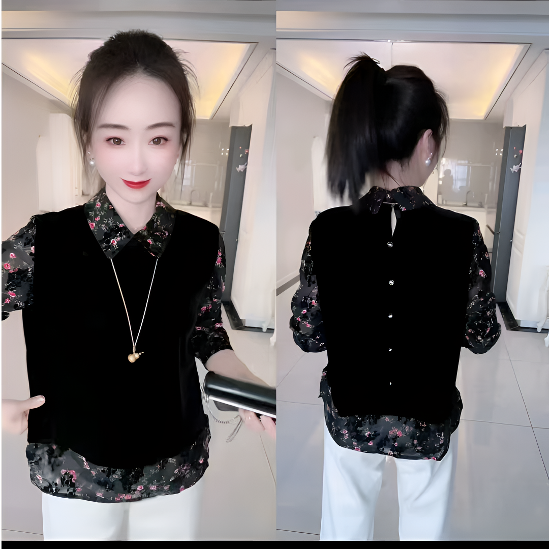 植绒碎花娃娃领气质百搭丝绒假俩件衬衫衬衣