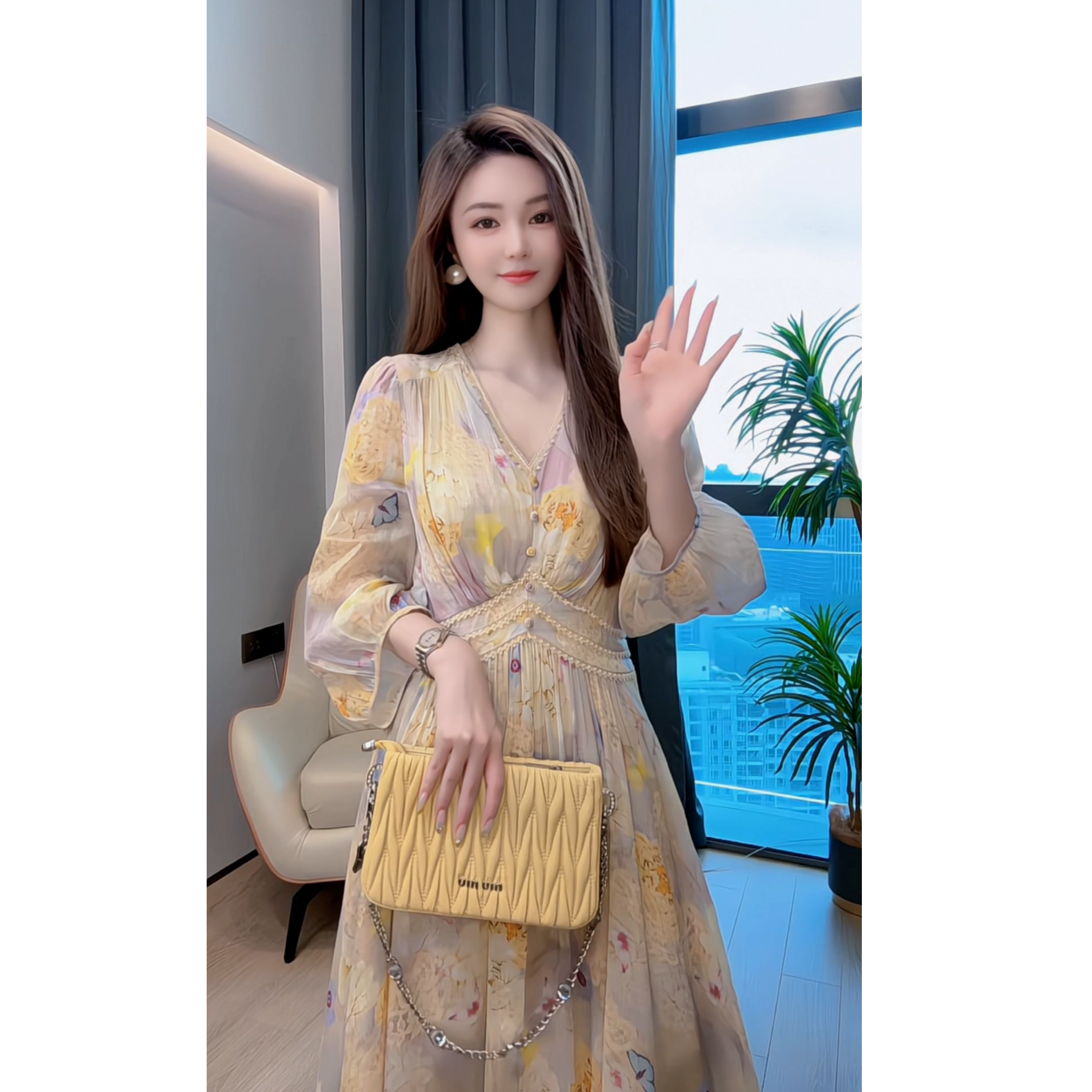 【深圳米熙儿】夏季桑蚕丝夏季印花收腰连衣裙1041