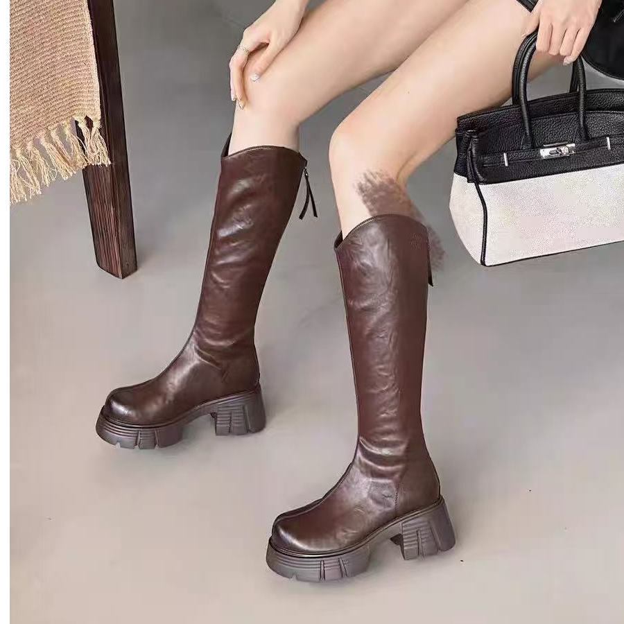 2509-5高靴2024年冬季新款英伦风中跟马丁靴女长筒靴女骑士靴潮