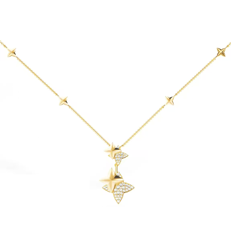 链子925银合成锆石 链子925银 镀K金 时尚百搭双流星项链 ZF-B925