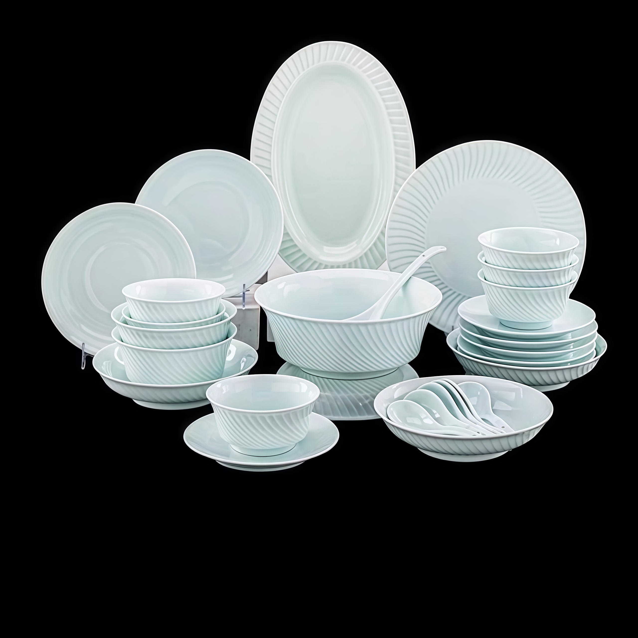 斜纹浮雕影青陶瓷餐具套组58头