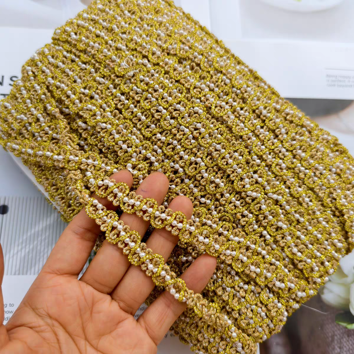 947/整板金色线珠固定珠重工金丝绳子花边宽约1.3厘米