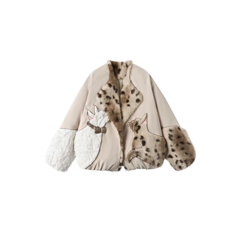 【曲奇COOKY专属】拼接翻领棉服豹纹毛领棉夹克短款轻奢外套