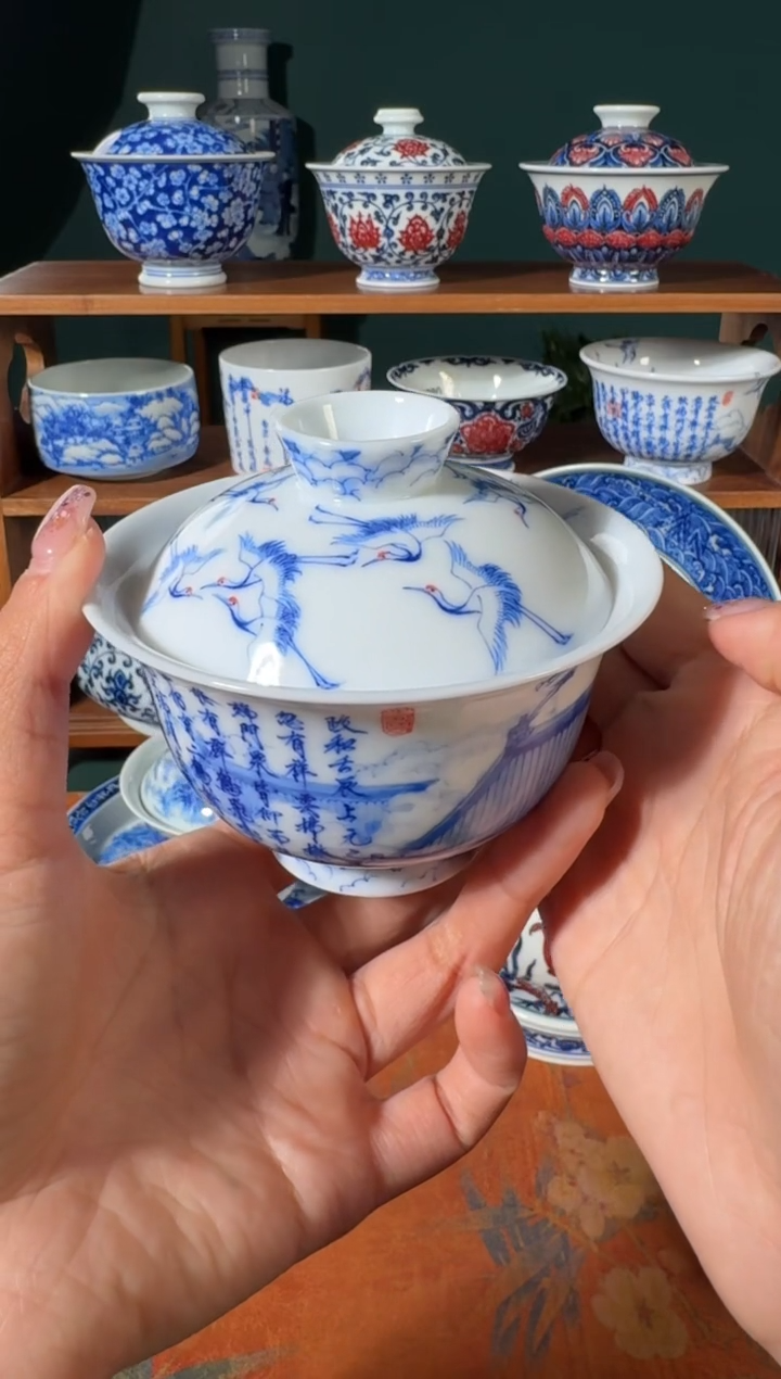 【闪购商品】杯画堂春瑞鹤图盖碗