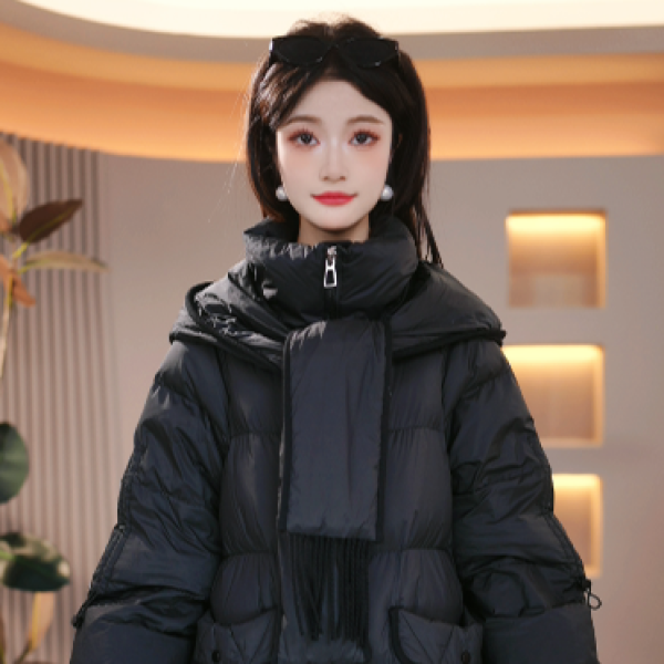 冬季设计感围巾连帽优雅百搭白鸭绒羽绒服M-XL
