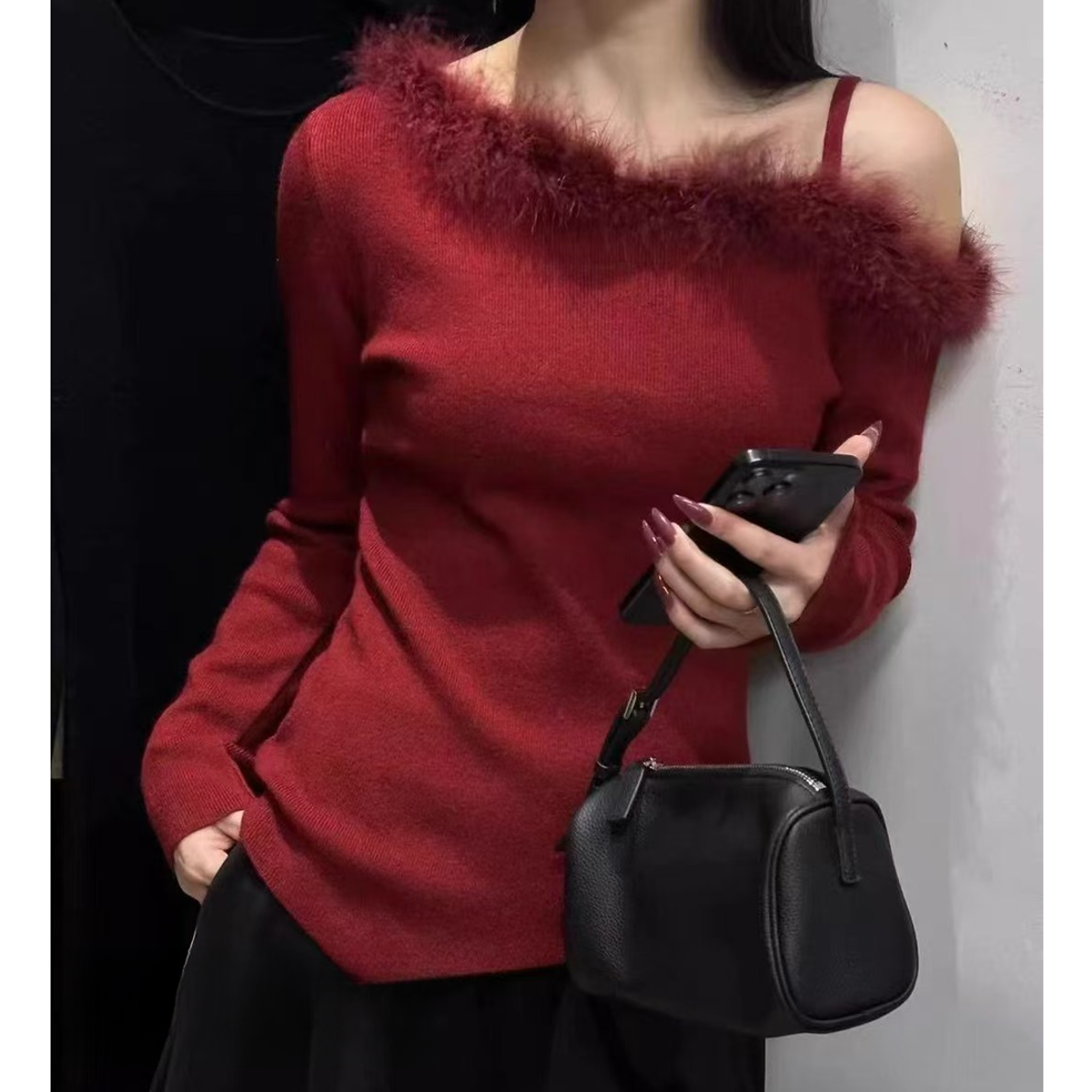 简约斜肩毛领不规则上衣秋冬毛衣