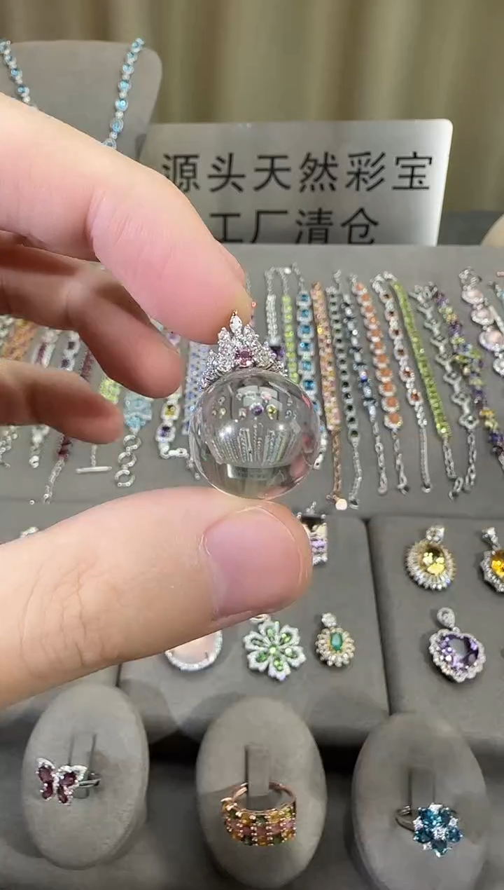 颈饰银S925镶嵌水晶16mm白水晶吊坠