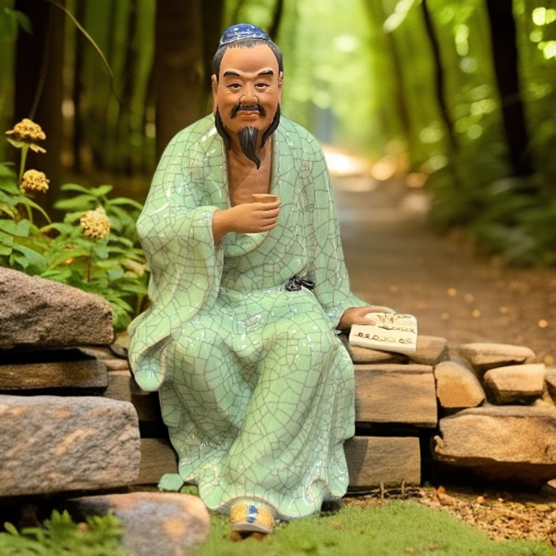 石湾公仔精品人物摆件陆羽品茶绿豆碧裂釉办公家居摆件礼品茶王