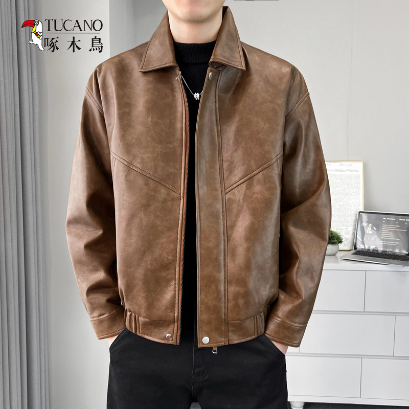 啄木鸟男士皮衣男修身潮流新款皮夹克中青年韩版男士外套8803
