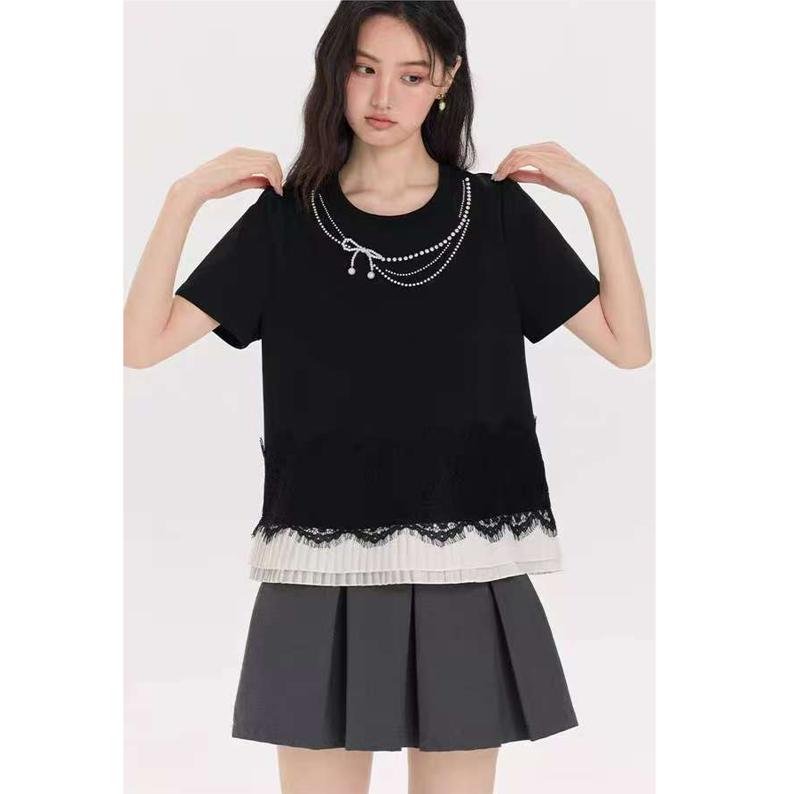 【大码】8361大码短袖显瘦正肩韩版钉珠t恤女夏季新款蕾丝拼接上衣