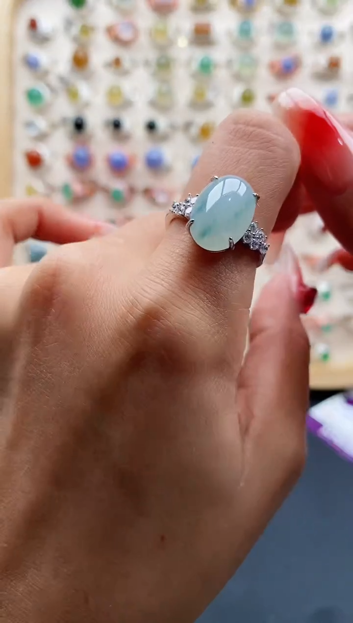 【闪购商品】翡翠戒指银S925镶嵌缅甸天然A货翡翠555 1+9