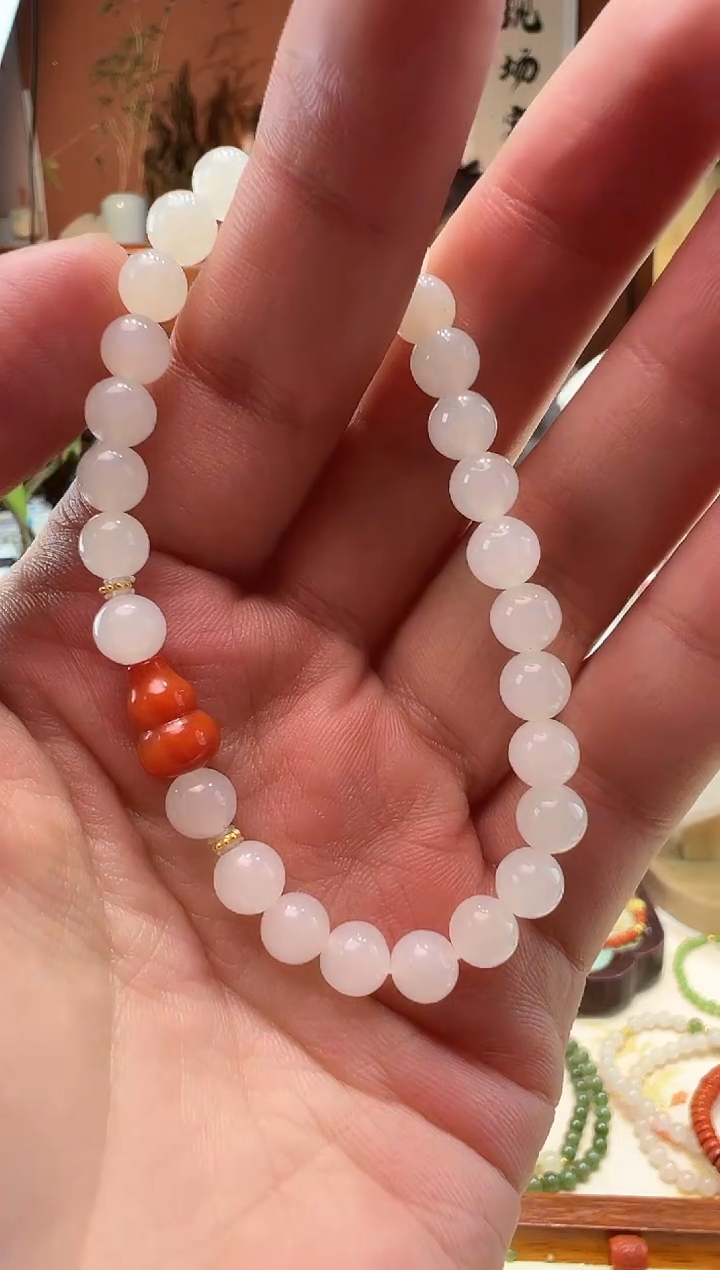 【闪购商品】和田玉手串18K金镶嵌白玉6mm