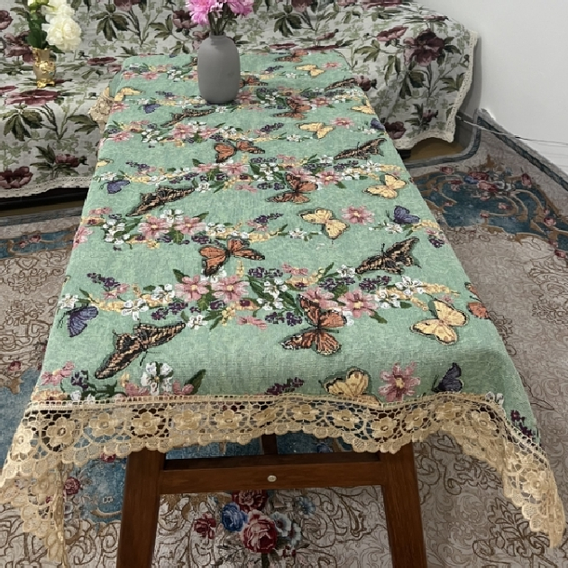 ZN111-203棉麻交织布【160*160】绿蝴蝶水溶花边棉麻交织布桌布