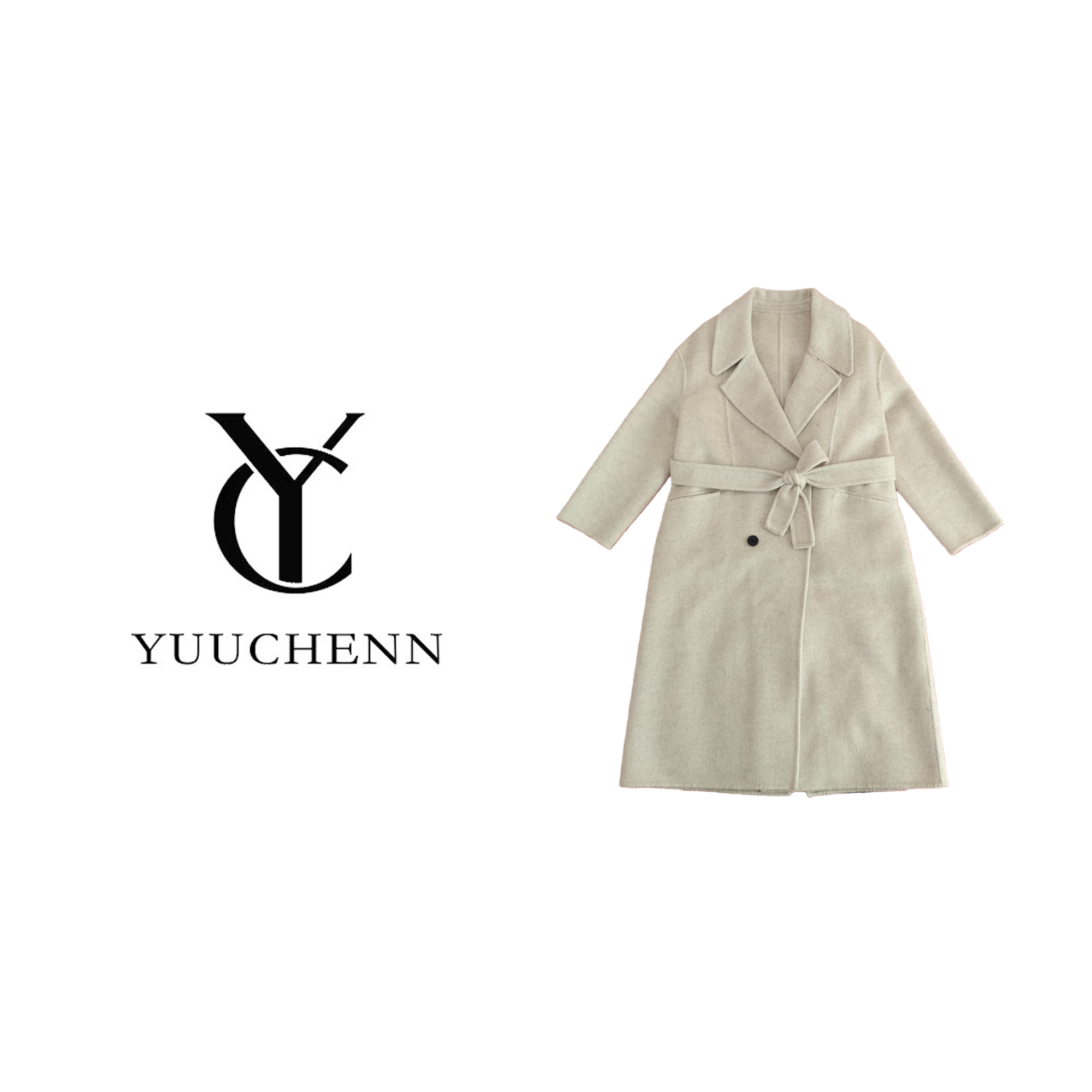 YUUCHENN【山羊绒+羊毛】米白色西装领双排扣长款大衣气质上衣88512