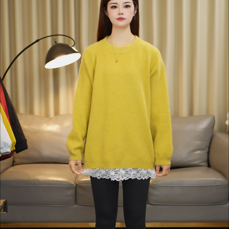 欧货圆领拼接女针织蕾丝套头常规厚款女装休闲毛衣打底衫