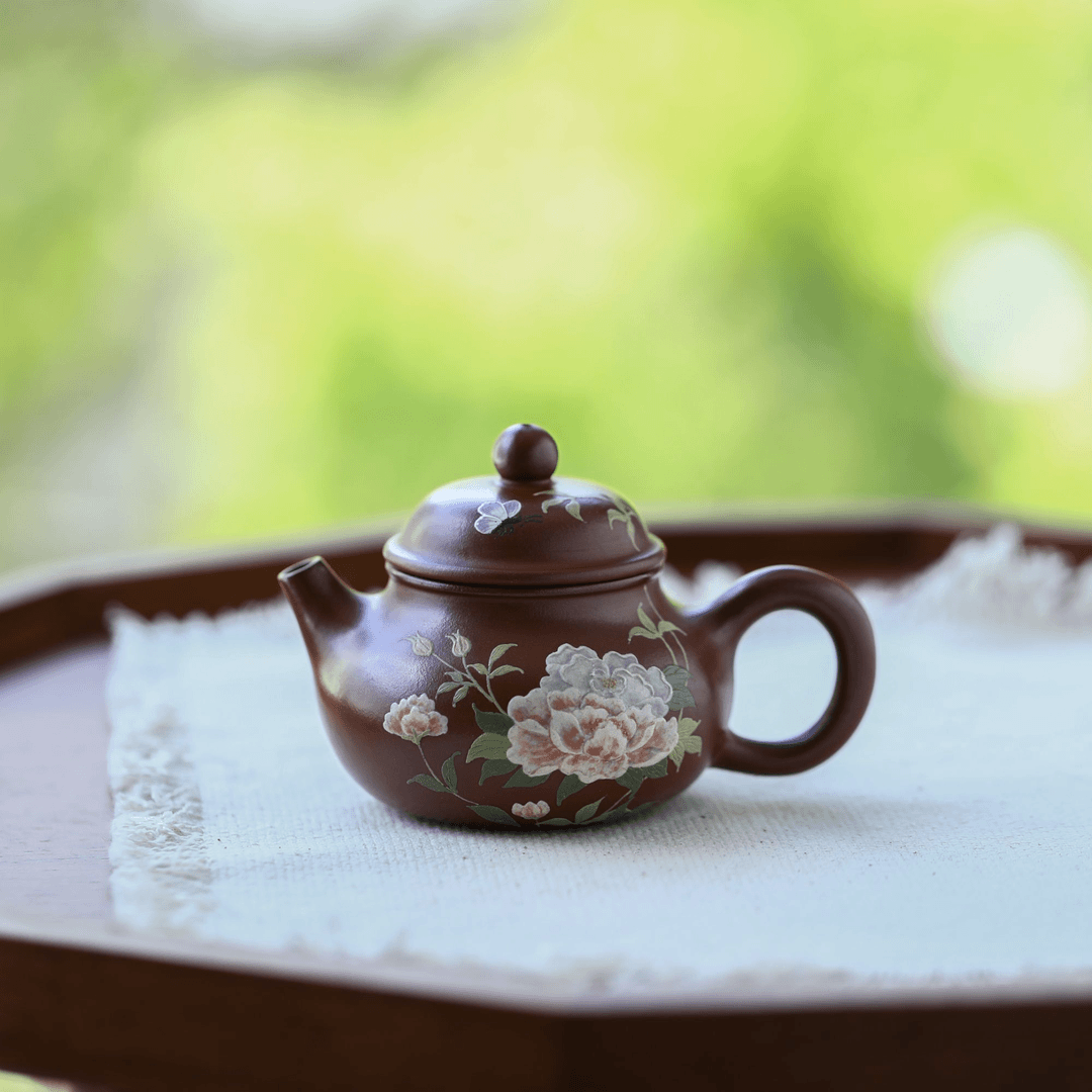 【王月方】红皮龙紫泥-手绘牡丹紫砂壶120ml
